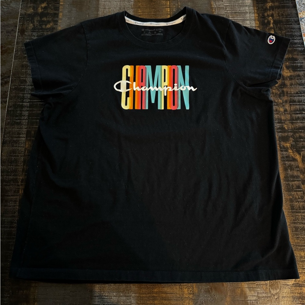 Womens Short Sleeve T-Shirt Champion Brand Size 2X Black with Multicolor Logo